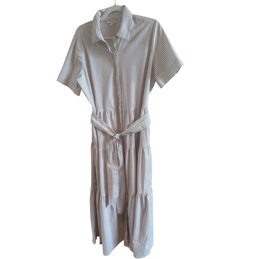 Chico's Tan White Striped Cotton Midi Tiered Dress Size 2.5 (US 14) Button Down‎